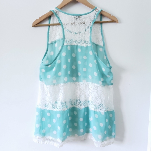 Turquoise Polka Dot Lace Flowy Blouse Tank Boho - Picture 4 of 5